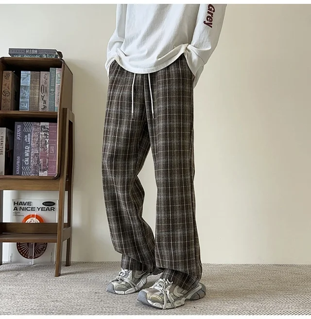 Men's Spring/Fall Contrast Check Wool Trousers Detail