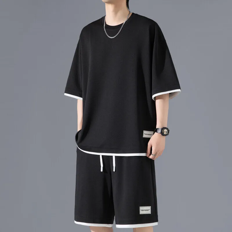 Men's Ice Silk Fake Two-piece T-shirt Set