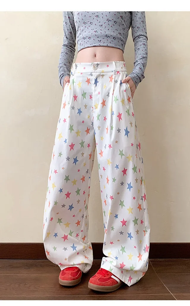 Men's Loose BF Straight Pants with Colorful Star Prints Detail