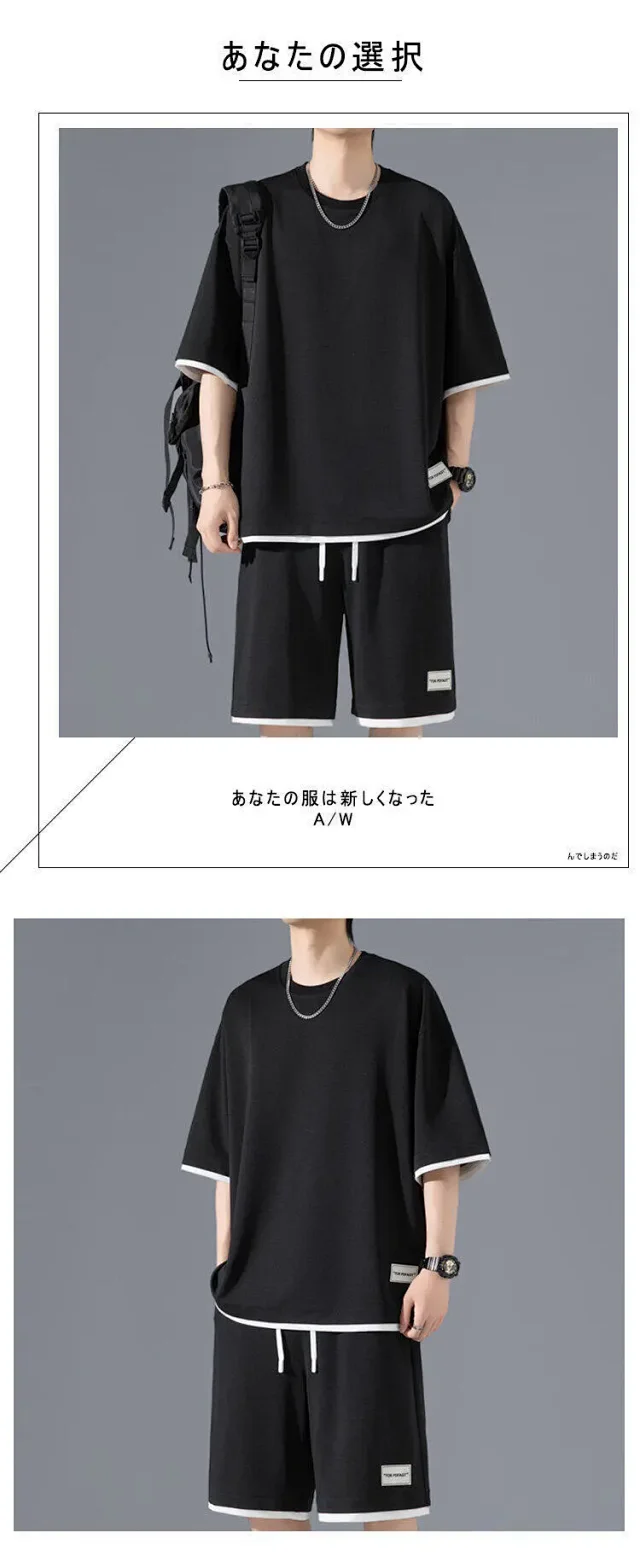 Men's Ice Silk Fake Two-piece T-shirt Set Detail