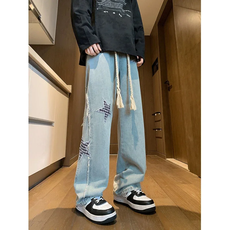Hip-hop Men's Spring Twisted Rope Star Jeans