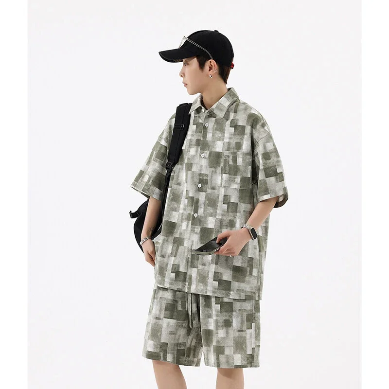 Men's Retro Plaid Short-Sleeve Shirt Suit