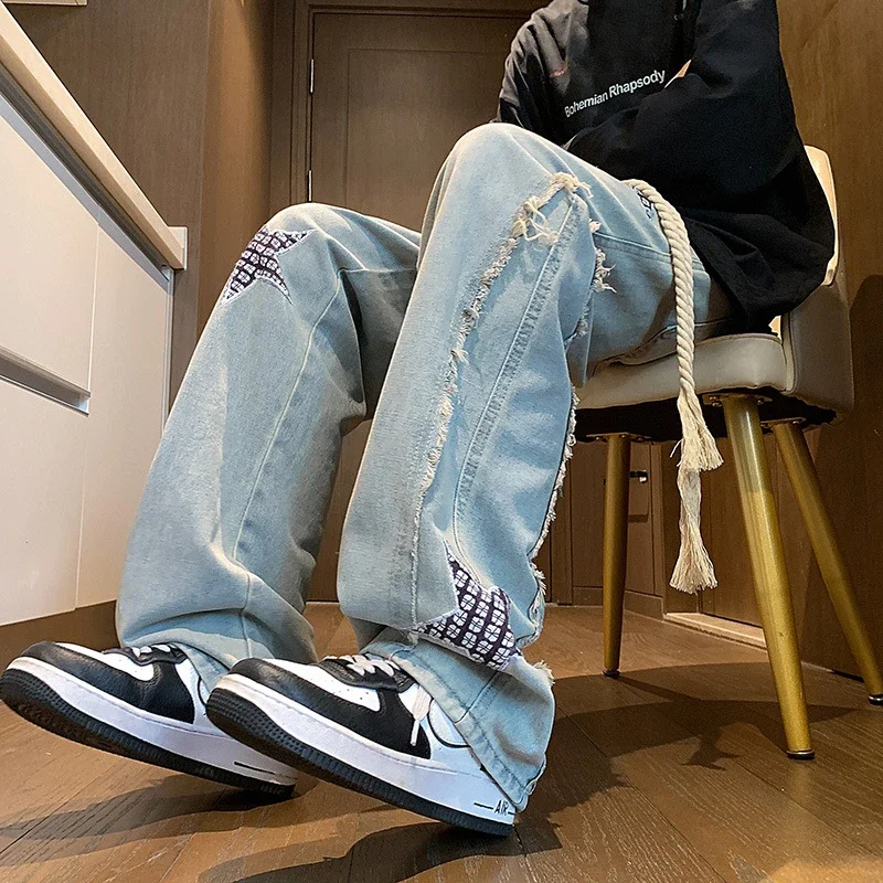 Hip-hop Men's Spring Twisted Rope Star Jeans