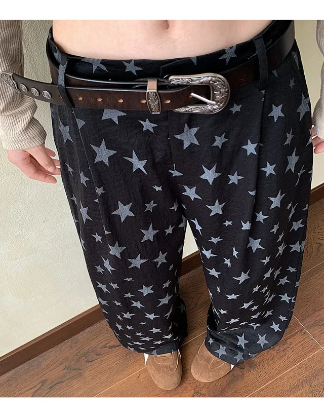 Men's Loose BF Straight Pants with Colorful Star Prints Detail