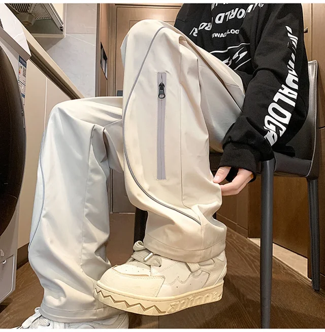 Men's Spring Straight Cargo Pants (Cream) - Outdoor Hiphop Detail