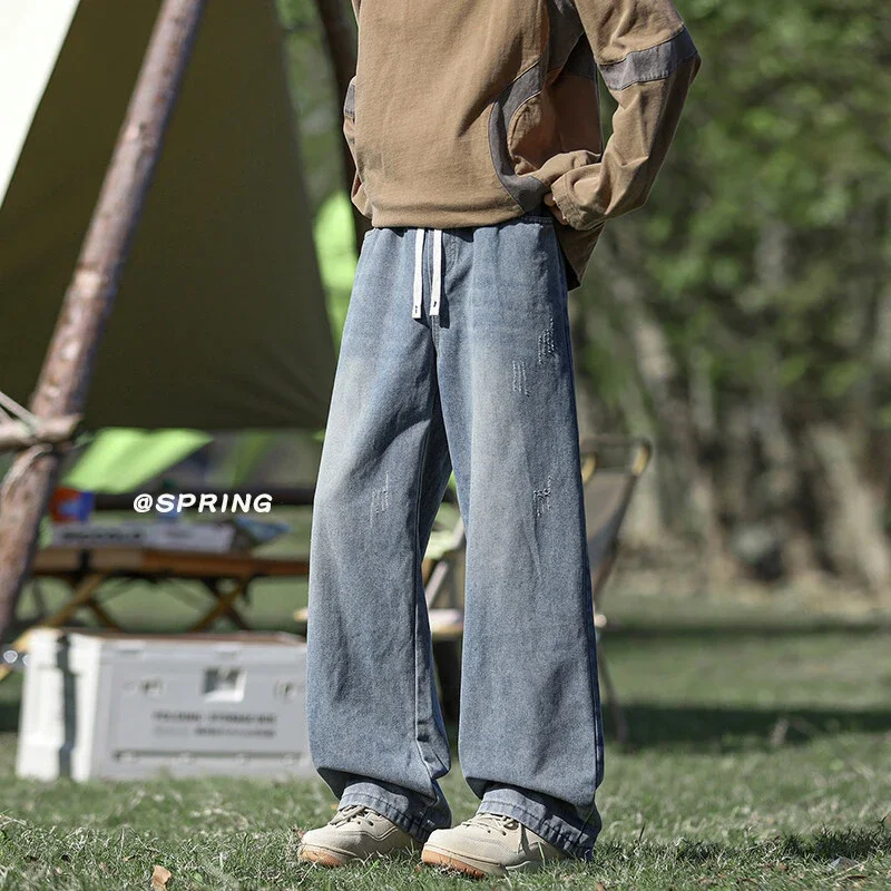 Men's Retro Blue Washed Straight Loose Wide Leg Jeans