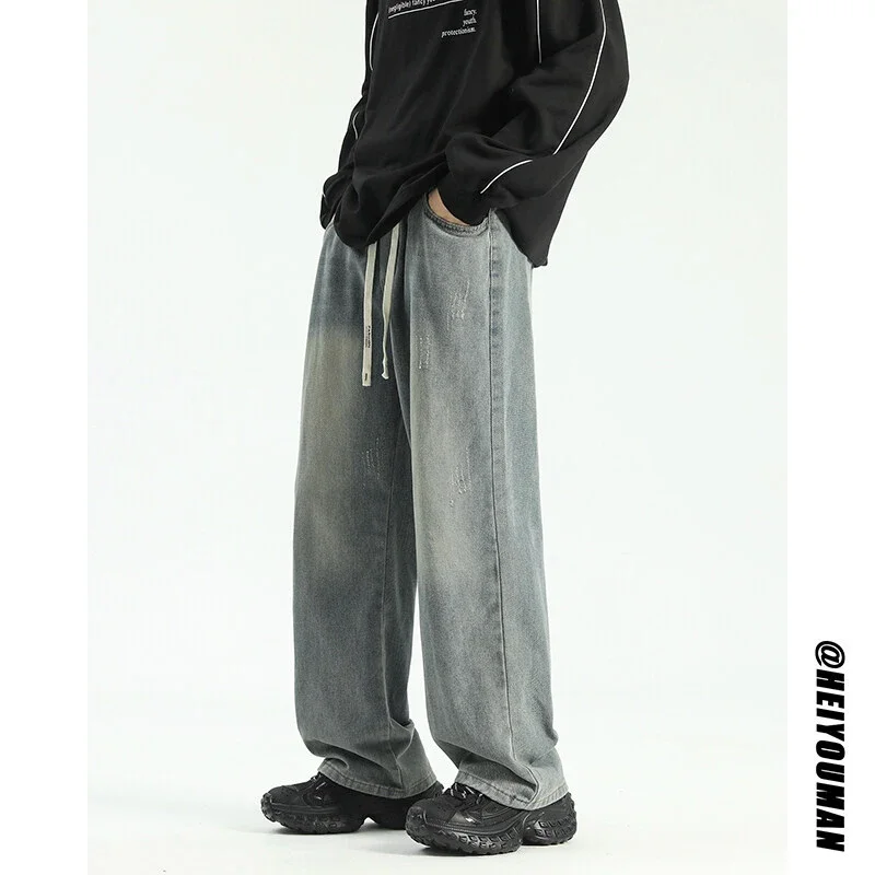Men's Black Washed Straight Jeans