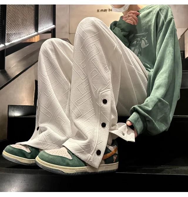 Oversize White Men's Spring Retro Button Sport Pants Detail