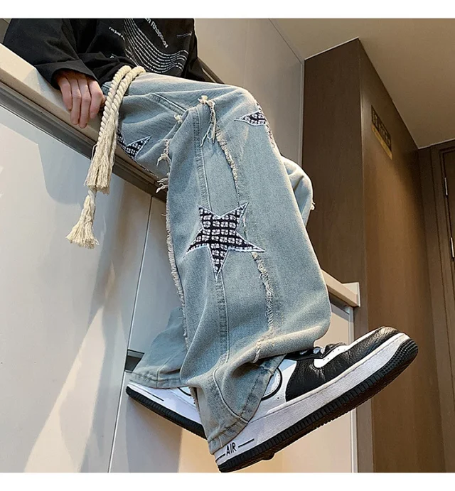 Hip-hop Men's Spring Twisted Rope Star Jeans Detail