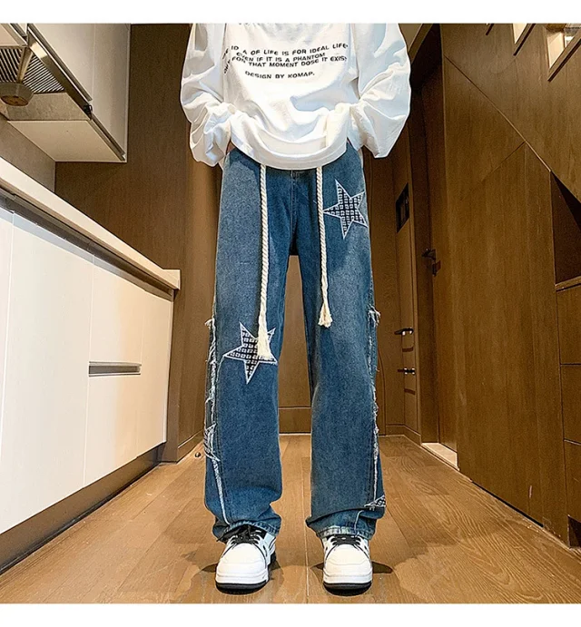 Hip-hop Men's Spring Twisted Rope Star Jeans Detail