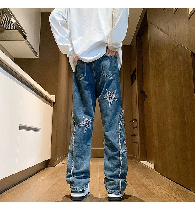 Hip-hop Men's Spring Twisted Rope Star Jeans Detail