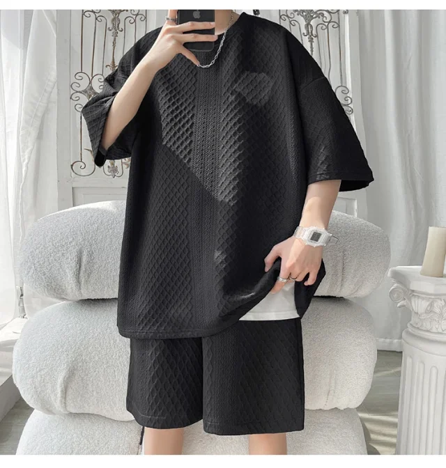 Men's Loose Jacquard T-shirt & Shorts Set Detail