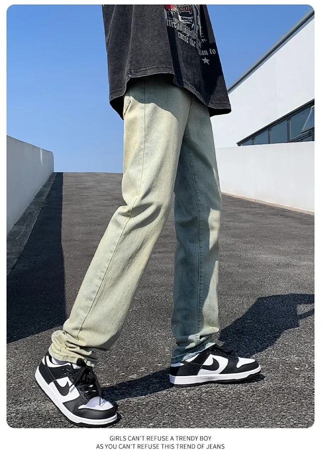 Men's Wide-Leg Loose Straight Jeans (Yellow Dye, Vintage Wash) Detail