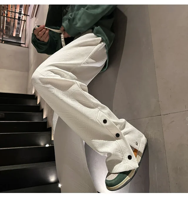 Oversize White Men's Spring Retro Button Sport Pants Detail