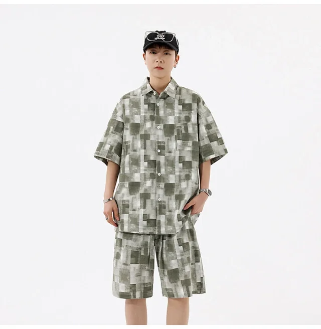 Men's Retro Plaid Short-Sleeve Shirt Suit Detail