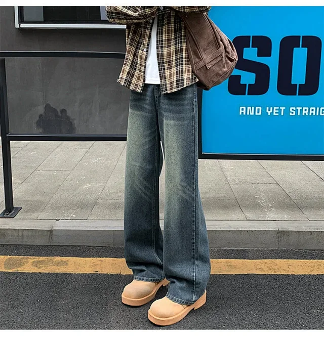 Vintage Washed Men's Straight Loose Wide-Leg Jeans Detail