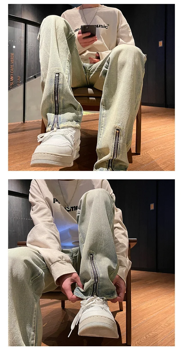 Spring Men's Hiphop Cargo Jeans with Side Zipper Detail