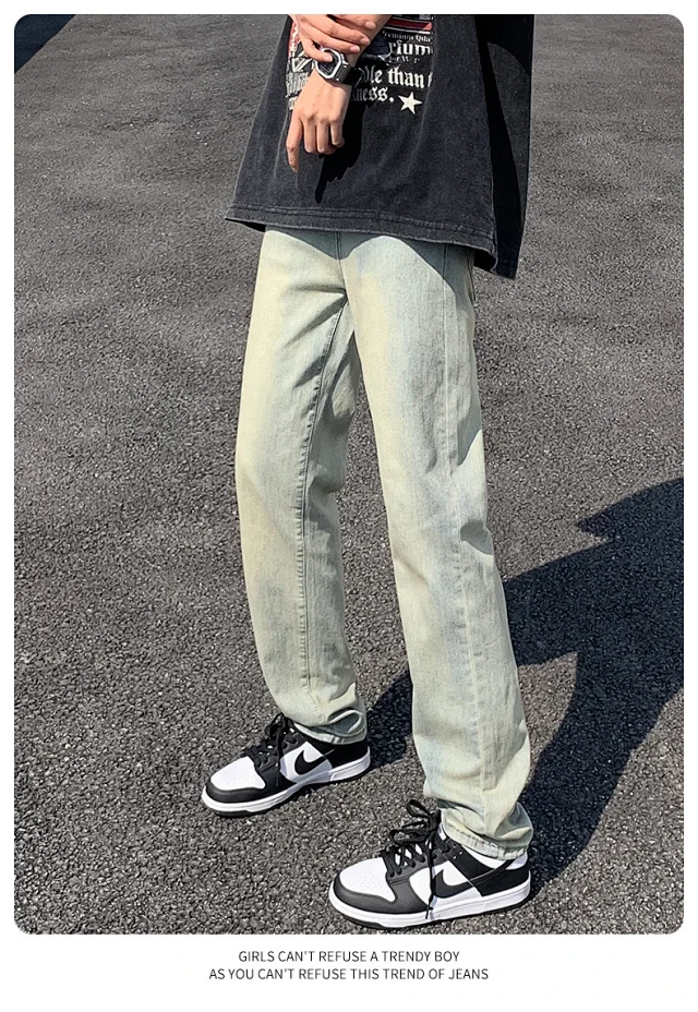 Men's Wide-Leg Loose Straight Jeans (Yellow Dye, Vintage Wash) Detail