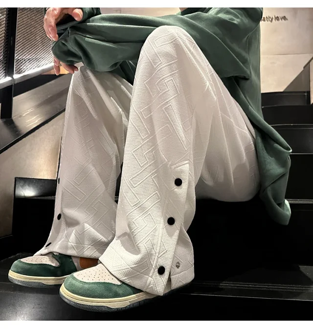 Oversize White Men's Spring Retro Button Sport Pants Detail