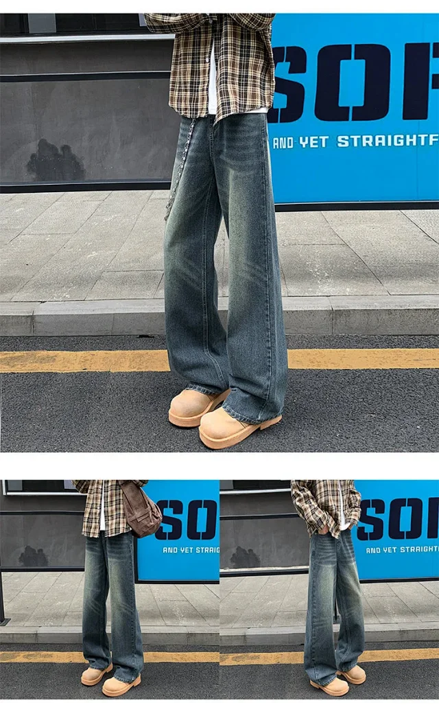 Vintage Washed Men's Straight Loose Wide-Leg Jeans Detail