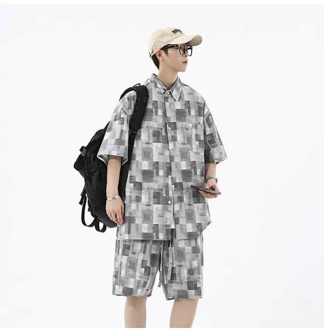 Men's Retro Plaid Short-Sleeve Shirt Suit Detail