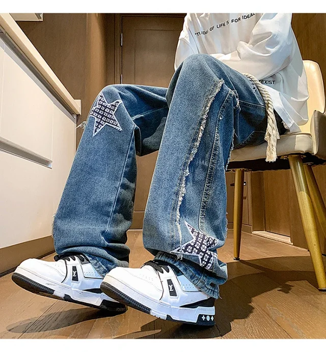 Hip-hop Men's Spring Twisted Rope Star Jeans Detail