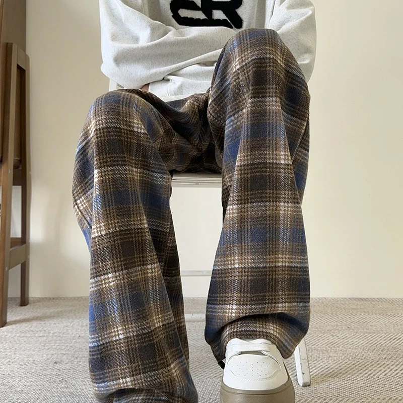 Men's Spring/Fall Contrast Check Wool Trousers