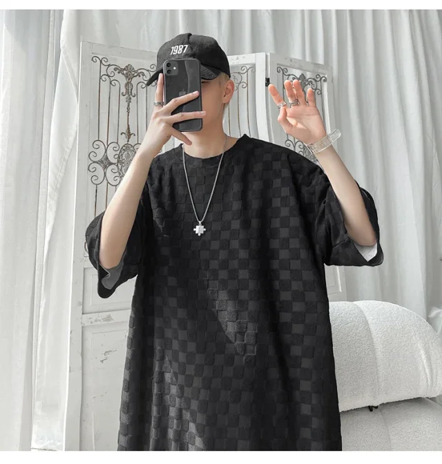 Men's Loose Checkered Jacquard T-shirt & Shorts Set Detail