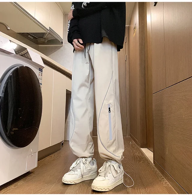 Men's Spring Straight Cargo Pants (Cream) - Outdoor Hiphop Detail