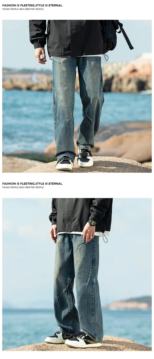 Men's Retro Denim Wide-leg Pants Detail