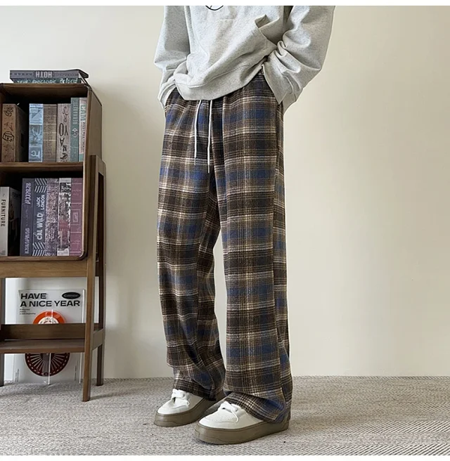 Men's Spring/Fall Contrast Check Wool Trousers Detail