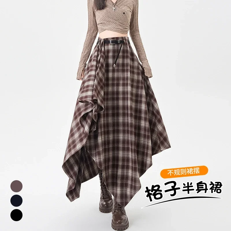 2025 Fall New Korean Black Plaid Irregular High-Waist Midi Skirt for Petite Cuties