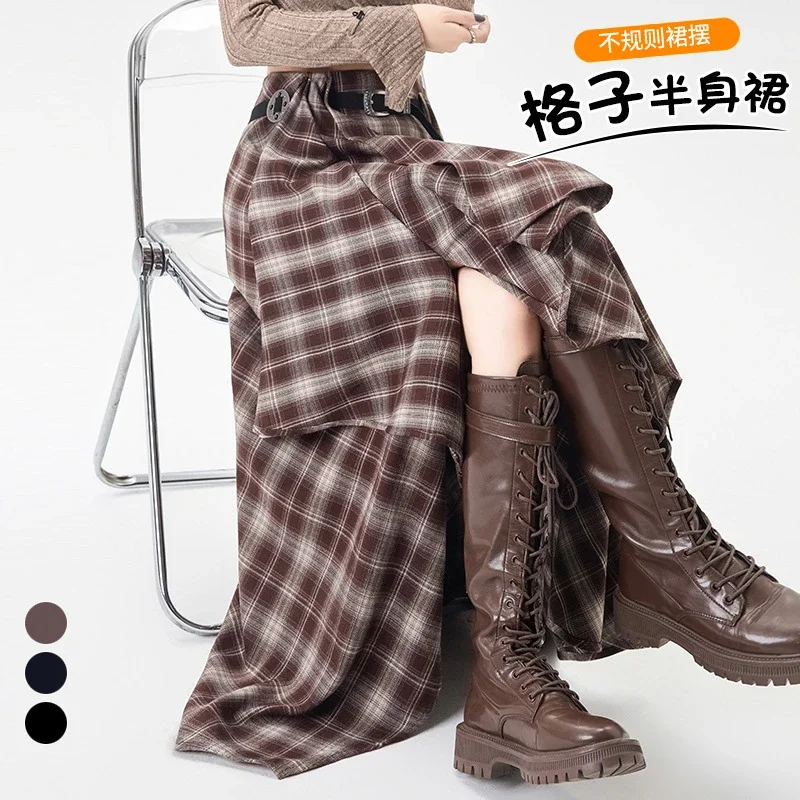 2025 Fall New Korean Black Plaid Irregular High-Waist Midi Skirt for Petite Cuties