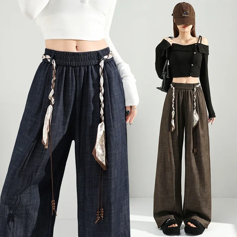 Women's 2025 Early Autumn Silk Scarf Tie Wide-Leg Pants