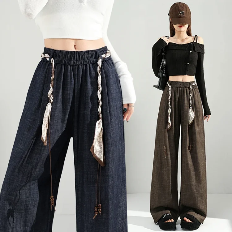 Women's 2025 Early Autumn Silk Scarf Tie Wide-Leg Pants