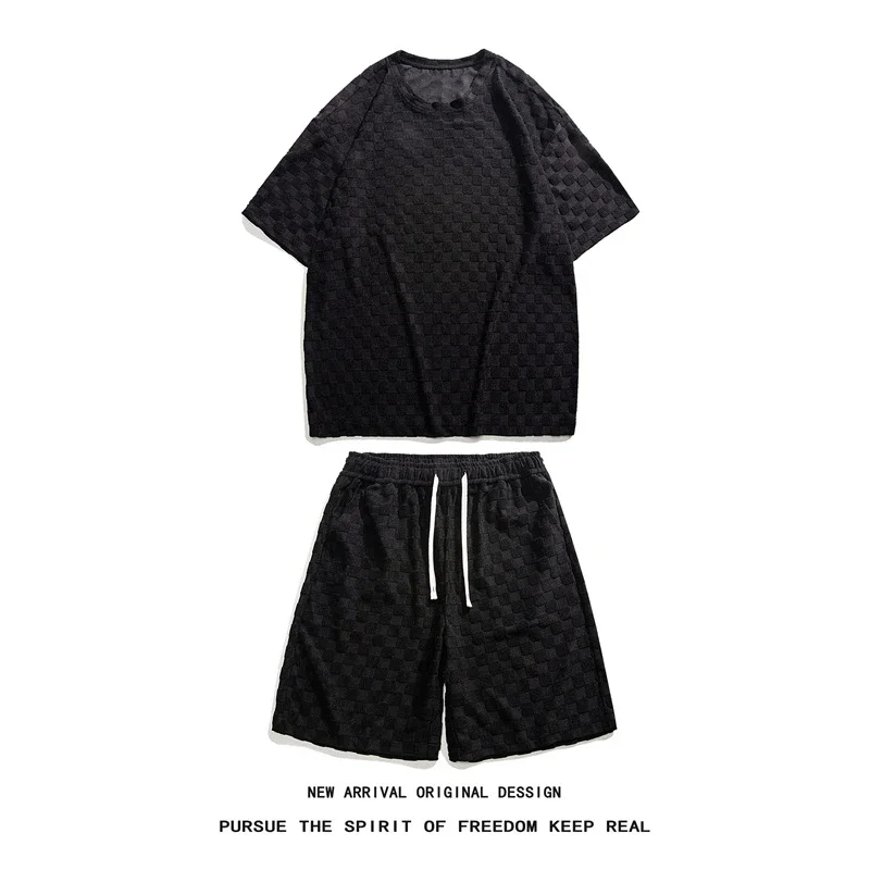 Men's Loose Checkered Jacquard T-shirt & Shorts Set