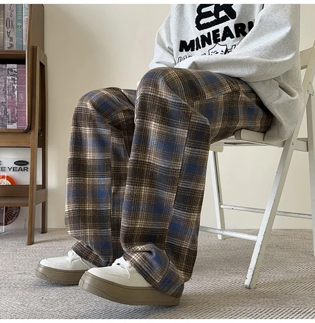 Men's Spring/Fall Contrast Check Wool Trousers Detail