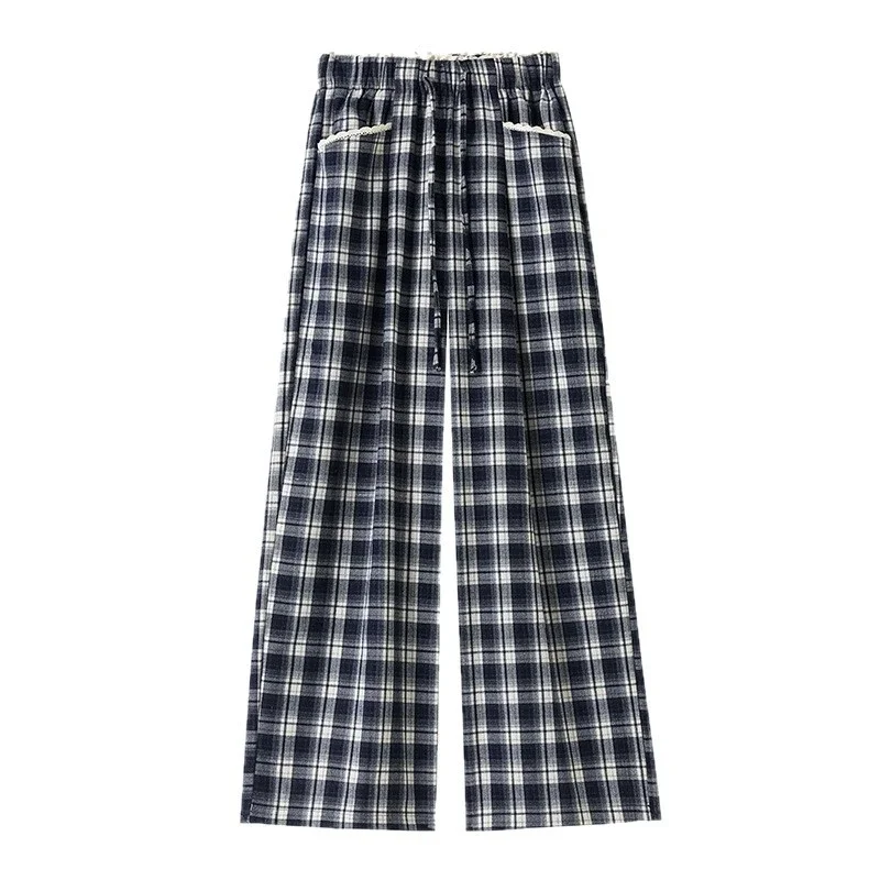 Lace Trim Plaid Wide-Leg Pants 2025 Fall