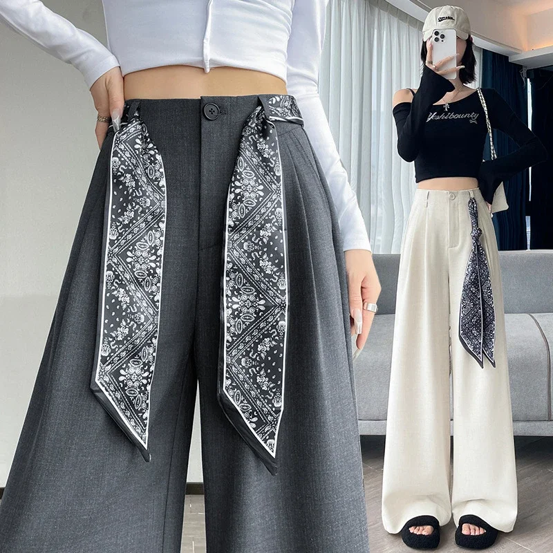 2025 Women's Wide-Leg High-Waist Suit Pants with Scarf Belt