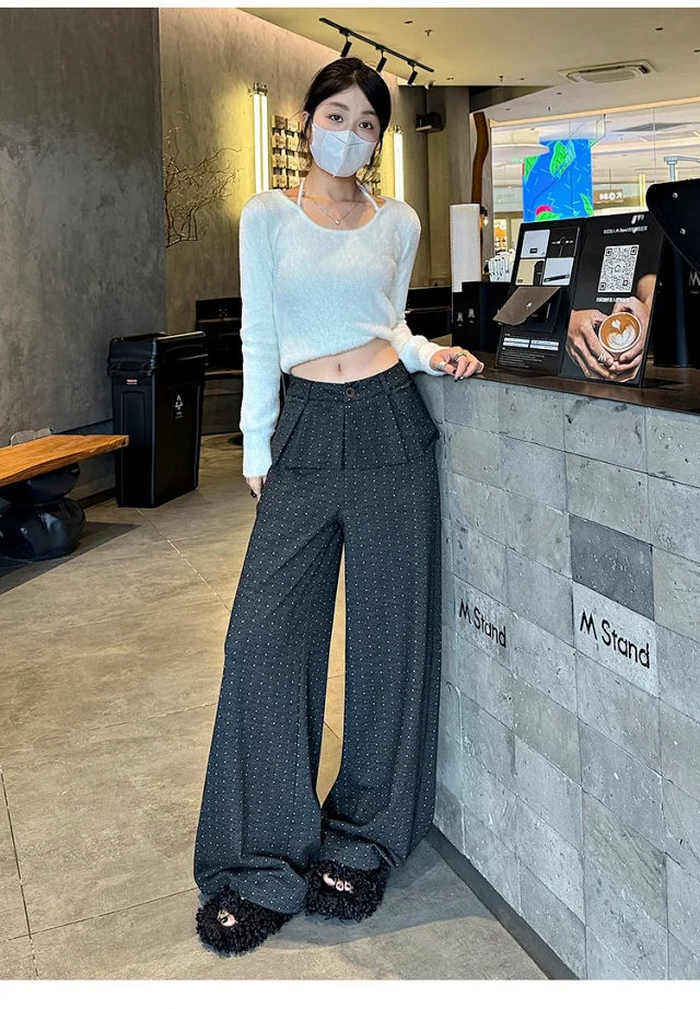 2025 AW Korean Ins Woolen Polka Dot Wide-Leg Pants Detail