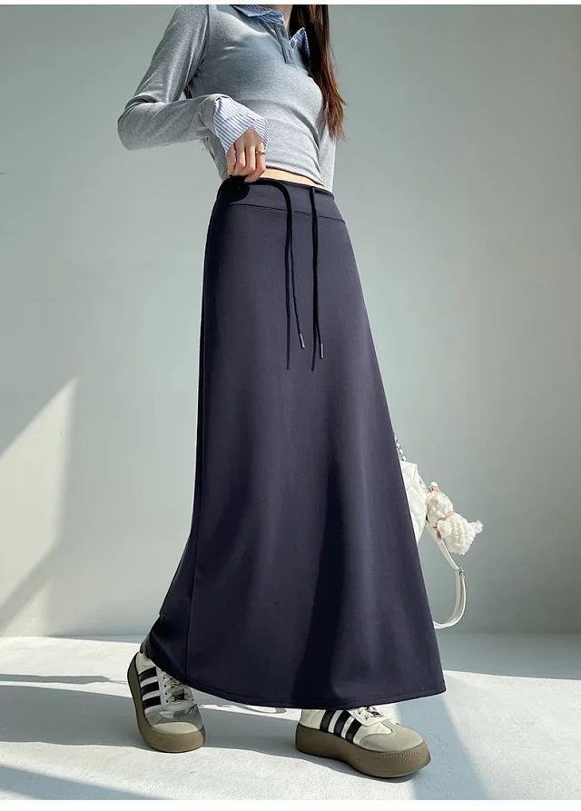 25 Korean Style Autumn-Winter Casual Drawstring Elastic Waist A-line Midi Skirt with Slit Detail