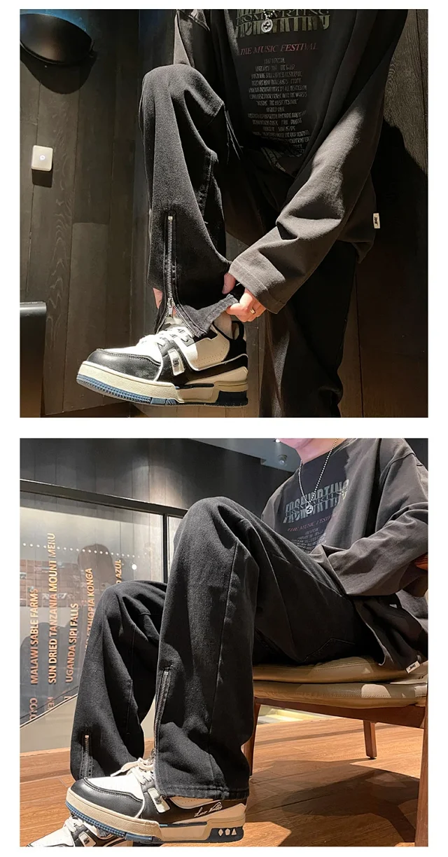Spring Men's Hiphop Cargo Jeans with Side Zipper Detail