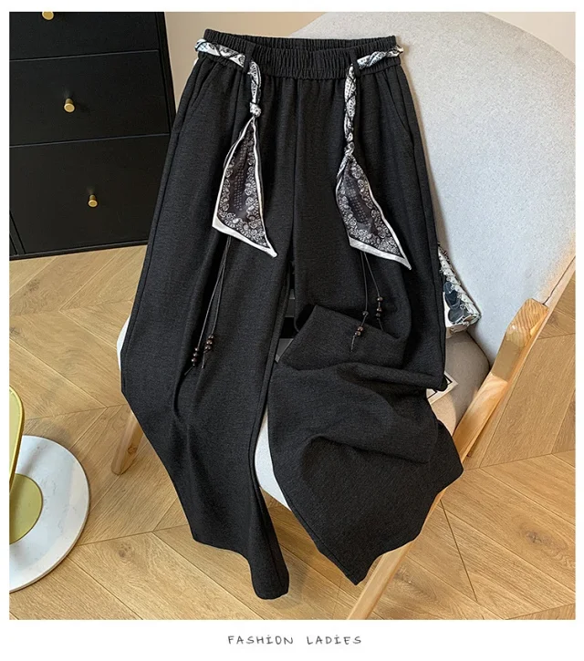 2025 Fall New Loose Scarf Belt Wide-leg Pants Detail