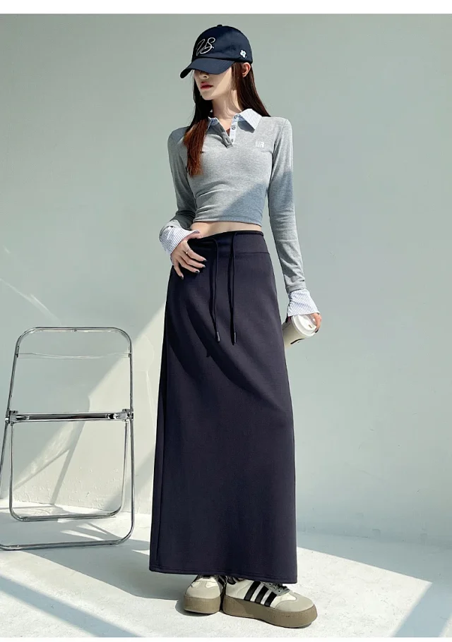 25 Korean Style Autumn-Winter Casual Drawstring Elastic Waist A-line Midi Skirt with Slit Detail