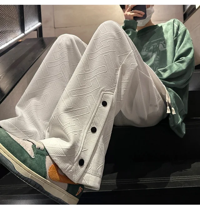 Oversize White Men's Spring Retro Button Sport Pants Detail