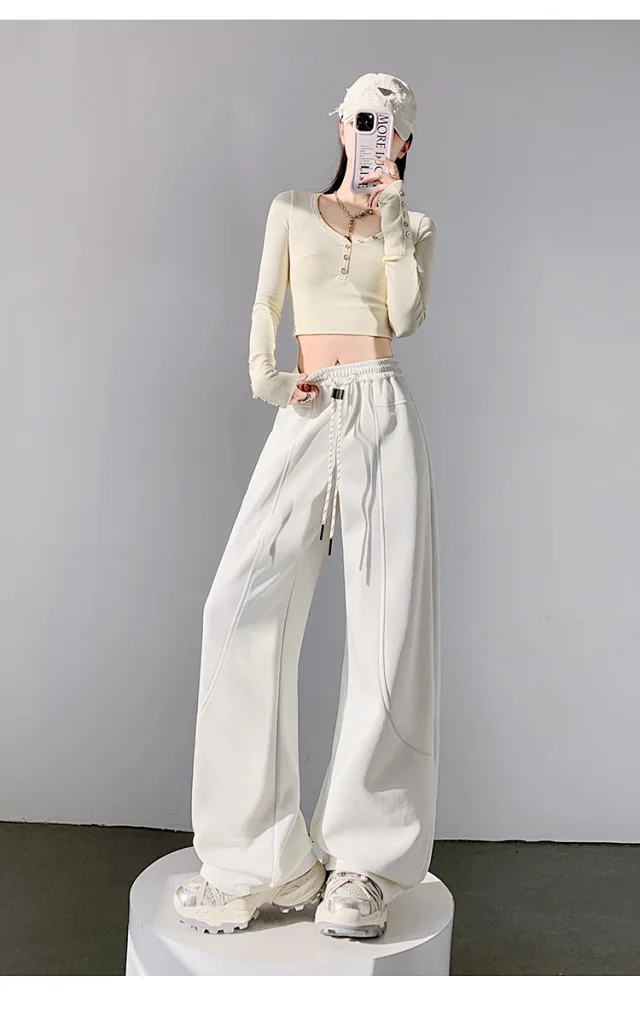 2025 Fall New White Banana Wide - Leg Pants Detail
