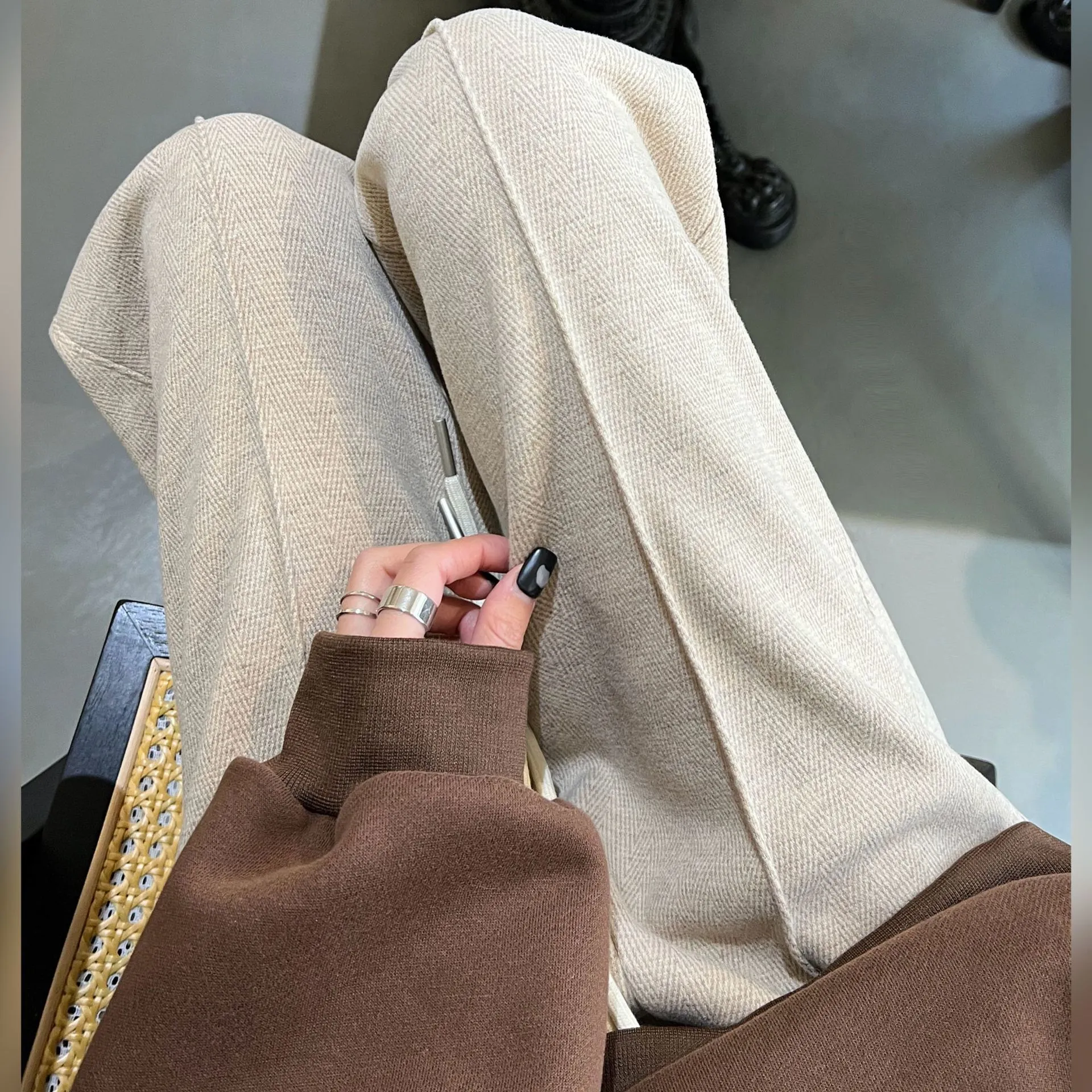 Ladies' Acetate Cashmere Herringbone Straight Pants