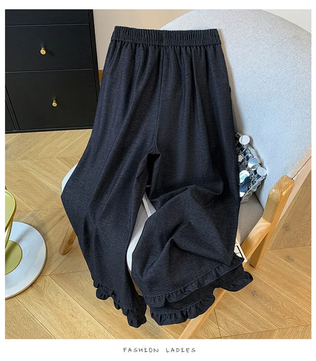 2025 Autumn New Thickened Tencel Denim Ruffle Trim Relaxed Fit Straight Cropped Pants for Women Detail