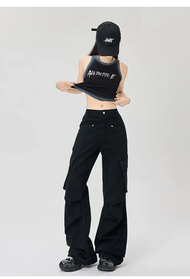 American Retro Pleated Multi-pocket Streetwear Cargo Pants Detail