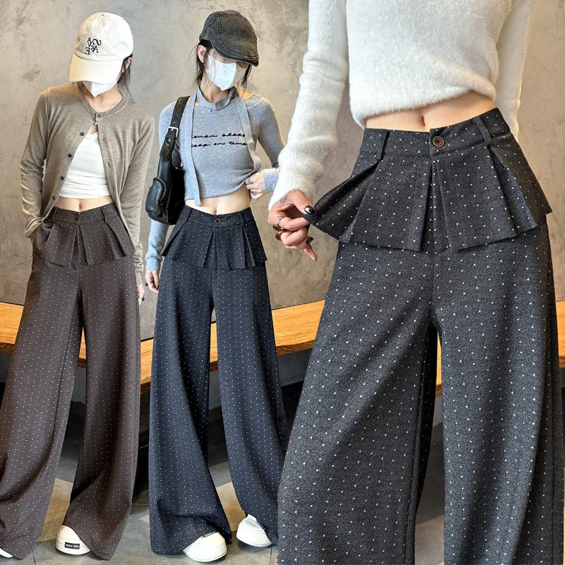 2025 AW Korean Ins Woolen Polka Dot Wide-Leg Pants